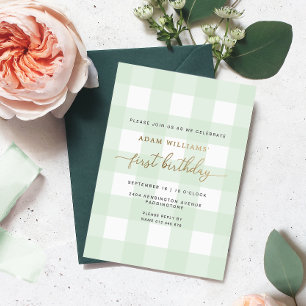 Relieve Metalizado Invitación de cumpleaños con gingham verde y papel