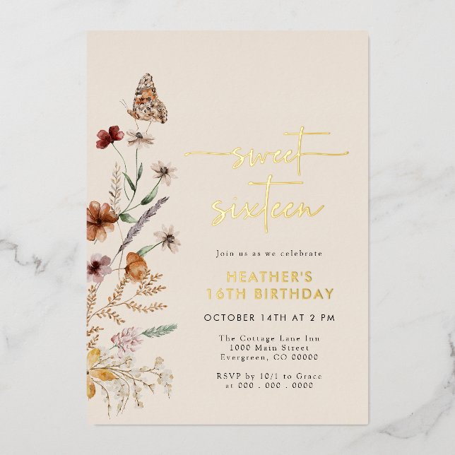 Relieve Metalizado Invitación de cumpleaños con lámina Boho (Anverso)
