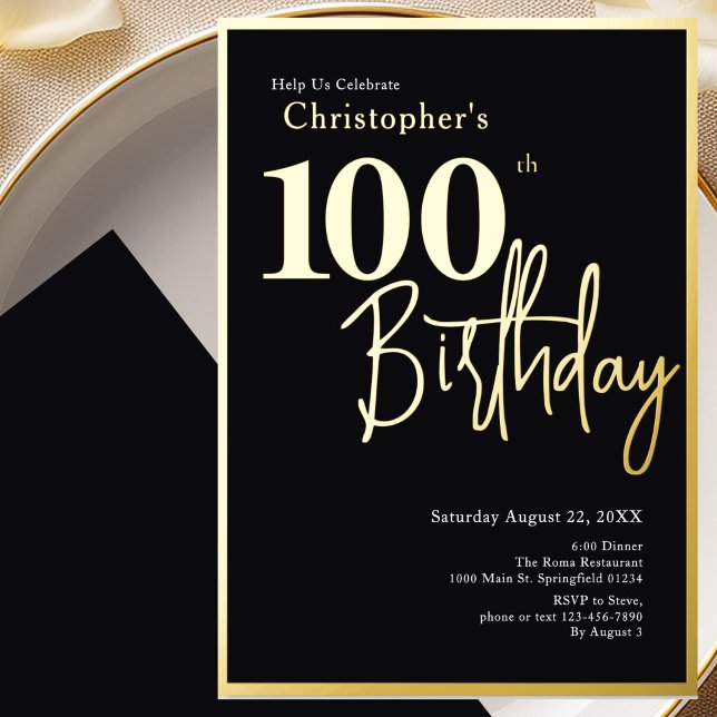 Relieve Metalizado Invitación de cumpleaños número 100 moderna con lá (Subido por el creador)