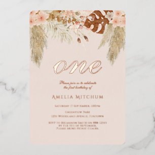 Relieve Metalizado Invitación de cumpleaños número 1 con rosa y dorad