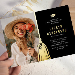 Relieve Metalizado Invitación de Foto con Borla de Oro Negro para Fie