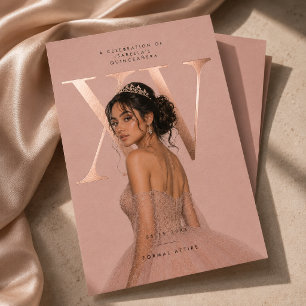 Relieve Metalizado Invitación de Foto Quinceañera XV con Hojas de Oro