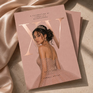 Relieve Metalizado Invitación de Foto Quinceañera XV con Hojas de Oro