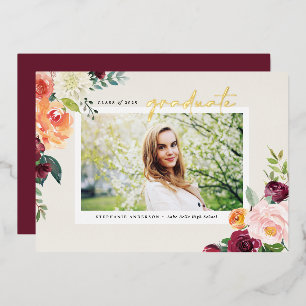 Relieve Metalizado Invitación de Graduación con Foto de Flores de Oto