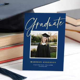Relieve Metalizado Invitación de Graduación de Foto con Guión Azul +