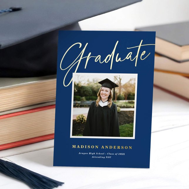 Relieve Metalizado Invitación de Graduación de Foto con Guión Azul +  (Subido por el creador)