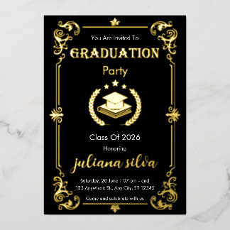 Relieve Metalizado Invitación de graduación elegante con foil negro y