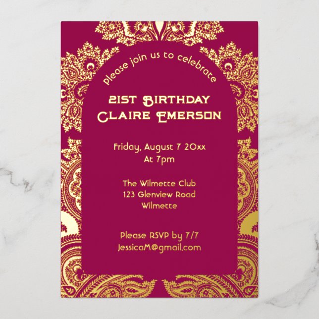 Relieve Metalizado invitación de lámina con arco de paisley (Anverso)