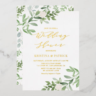 Relieve Metalizado Invitación de lluvia de boda con flores blancas y 
