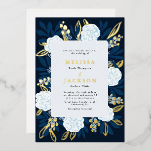 Relieve Metalizado Invitación de papel de aluminio azul con rosas de