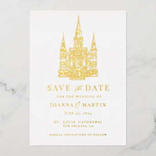 Relieve Metalizado Invitación de papel de oro con ilustración de luga