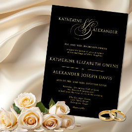 Relieve Metalizado Invitación de papel de oro negro con monograma par