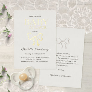 Relieve Metalizado Invitación de papel foil para baby shower con lazo