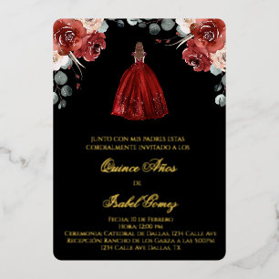 Relieve Metalizado Invitación de quinceañera con silueta roja en pape