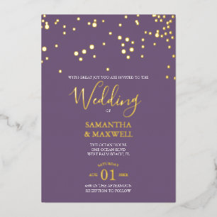 Relieve Metalizado Invitación de tipografía púrpura para boda con lám