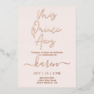 Relieve Metalizado Invitación Quinceañera Real con Hojuela de Oro Ros