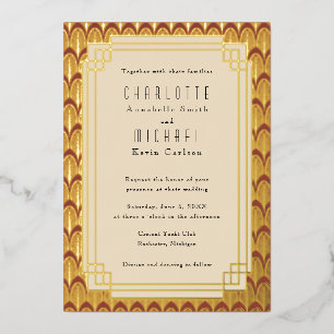 Relieve Metalizado Invitación vintage Art Déco roja con lámina de oro