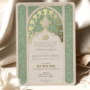 Relieve Metalizado Lujo Invitación de Boda Islámica en Verde Sage con