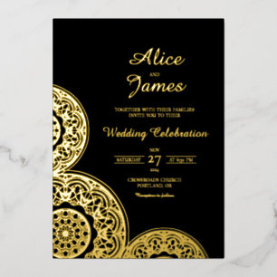 Relieve Metalizado Mándala Elegante Invitación de Boda India con Hoja