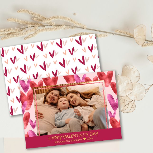 Relieve metalizado Pink Red Heart Pattern Tarjeta  (Foil Pink Red Heart Pattern Valentine Photo Card)