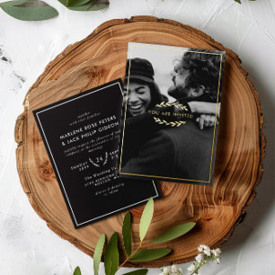 Relieve Metalizado Ramas doradas Invitación de boda con foto en negro