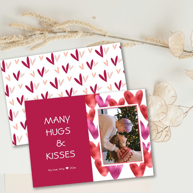 Relieve metalizado Red Pink Heart Pattern Tarjeta  (Foil Red Pink Heart Pattern Valentine Photo Card)