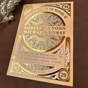 Relieve Metalizado Royal Nouveau: Invitación de Boda con Hoja de Oro