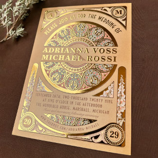 Relieve Metalizado Royal Nouveau: Invitación de Boda con Hoja de Oro