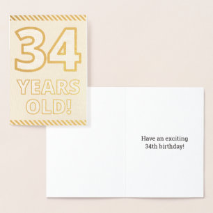 Relieve Metalizado Tarjeta de cumpleaños "¡34 AÑOS!" con lámina dorad