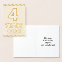 Tarjeta de cumpleaños "¡4 AÑOS!" con lámina dorada