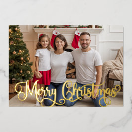 Relieve Metalizado Tarjeta de Navidad, Foto Festiva Familiar con Hoja