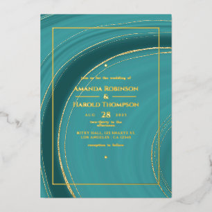 Relieve Metalizado Turquesa - Invitación de Boda con Agata Dorada y A
