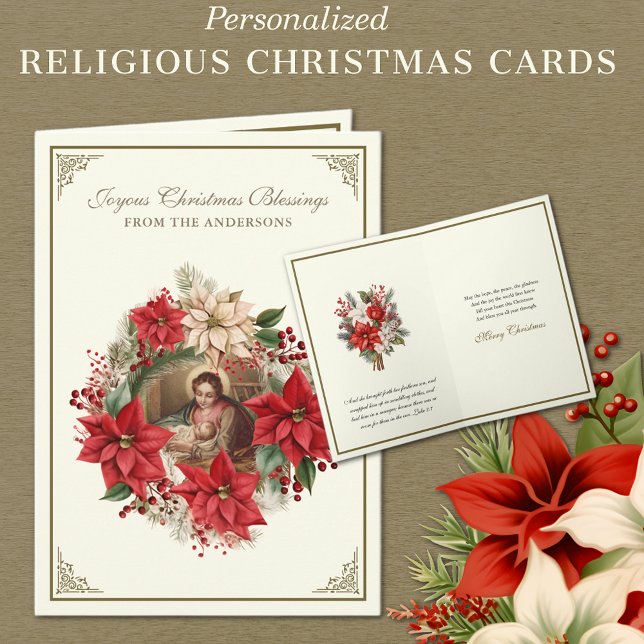 Religiosa Feliz Navidad Natividad Poinsettias (Personalized Religious Vintage Christmas Cards with Blessed Virgin Mary and Jesus - Red Poinsettias)