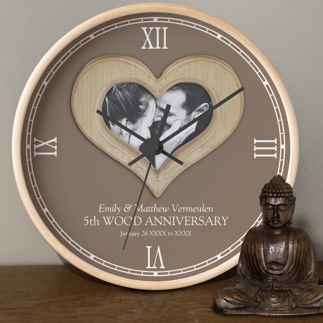 Reloj 5.º boda de Madera, personalizado de foto corazón (Subido por el creador)