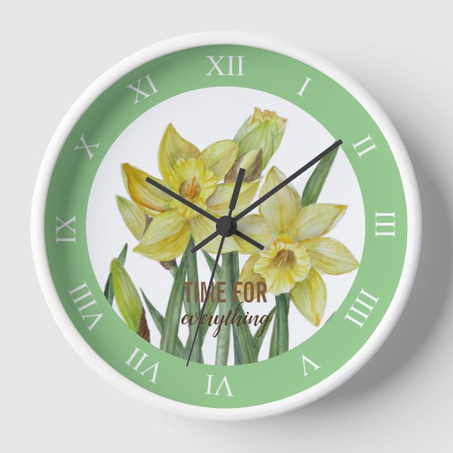 Reloj Acuarela Daffodis Amarillos Números romanos (Anverso)
