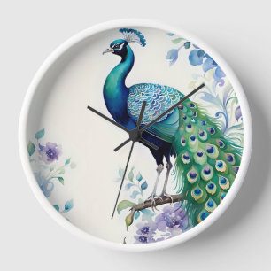 Reloj Acuarela floral de pavo real