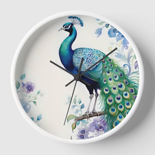 Reloj Acuarela floral de pavo real (Anverso)