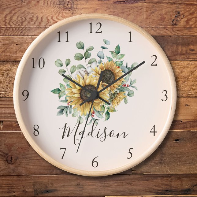 Reloj Acuarela Monogramada Vintage Rustic Sunflower (In situ on wood wall)