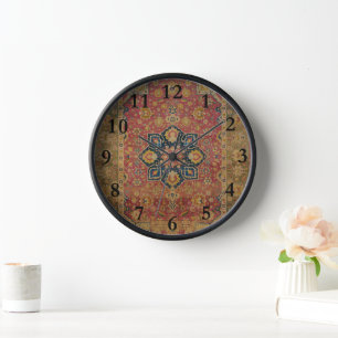 Reloj Alfombra Persa Asiática de Kashan en Rojo y Dorado