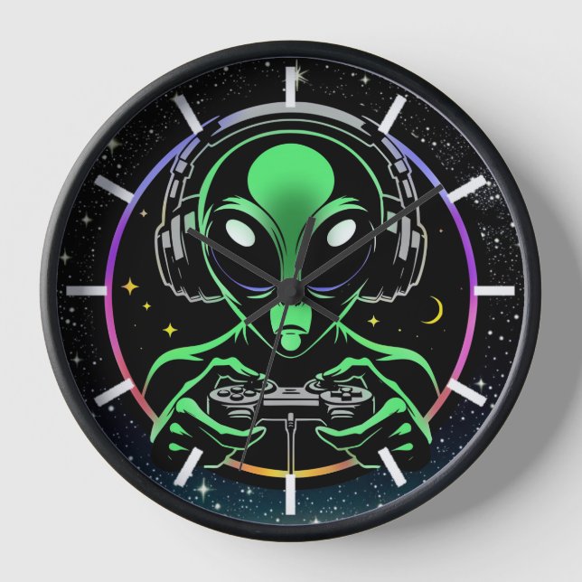 Reloj Alien jugando videojuegos con fondo estelar (Anverso)