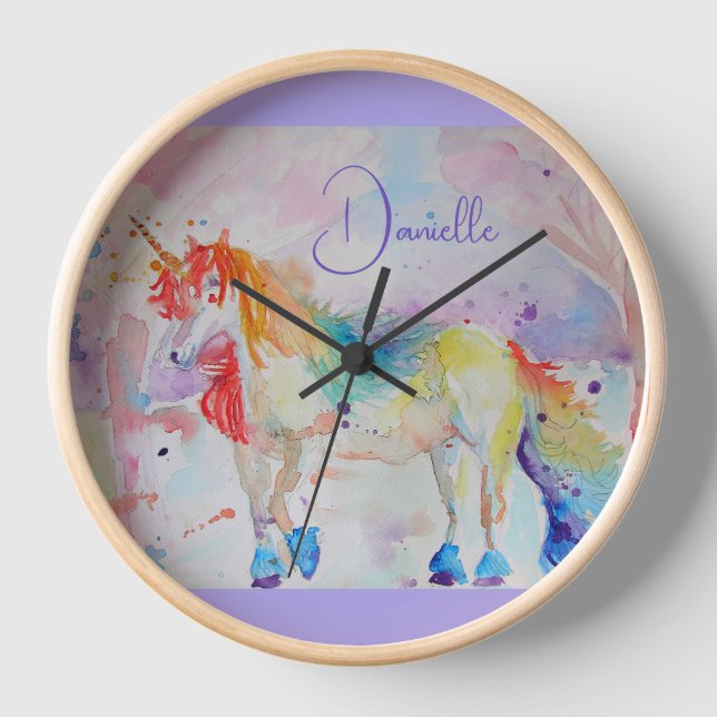 Reloj Almohada de Acuarela de Unicornio Arcoíris (Anverso)