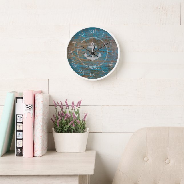 Reloj Ancla náutica de madera antigua Aqua (Sala de lectura)