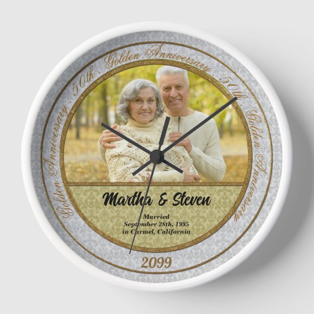 Reloj Aniversario de Bodas de Oro 50 Damask Foto (Anverso)