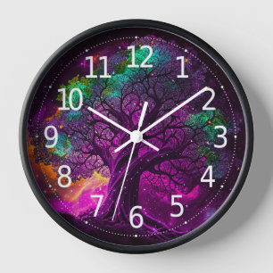 Reloj Árbol Morado Colorido Estrellas Universo Arte