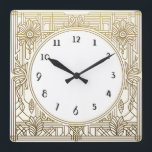 Reloj Art Deco cuadrado en blanco y oro crema<br><div class="desc">reloj art deco,  reloj art nouveau,  blanco crema dorada,  cuadrado de los años 20,  elegante estilo sofisticado de 1920,  antigüedades retro vintage,  fantasía antigua,  arte de la línea dorada,  reloj cuadrado minimalista sencillo,  diseño minimalista y elegante</div>