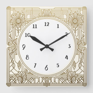 Reloj Art Deco cuadrado en blanco y oro crema