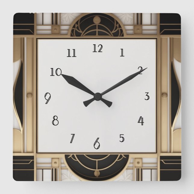 Reloj Art Deco cuadrado en blanco y oro negro (Anverso)