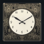 Reloj Art Deco cuadrado en oro negro y beige<br><div class="desc">reloj art deco,  reloj art nouveau,  blanco crema dorada,  cuadrado de los años 20,  elegante estilo sofisticado de 1920,  antigüedades retro vintage,  fantasía antigua,  arte de la línea dorada,  reloj cuadrado minimalista sencillo,  diseño minimalista y elegante</div>