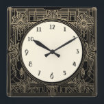 Reloj Art Deco cuadrado en oro negro y beige<br><div class="desc">reloj art deco,  reloj art nouveau,  blanco crema dorada,  cuadrado de los años 20,  elegante estilo sofisticado de 1920,  antigüedades retro vintage,  fantasía antigua,  arte de la línea dorada,  reloj cuadrado minimalista sencillo,  diseño minimalista y elegante</div>