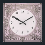 Reloj Art Deco cuadrado en rosa<br><div class="desc">reloj art deco,  reloj art nouveau,  cuadrado de los años 1920,  elegante estilo sofisticado de 1920,  antigüedades retro vintage,  anticuado estilo antiguo,  arte de la línea dorada en imitación,  reloj cuadrado minimalista sencillo,  diseño minimalista y elegante</div>